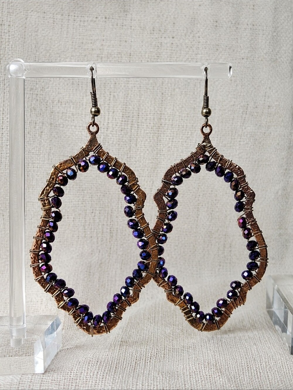 Purple Amethyst Aurora Borealis Bohemian Pierced Brass Tone Long Beaded Earrings